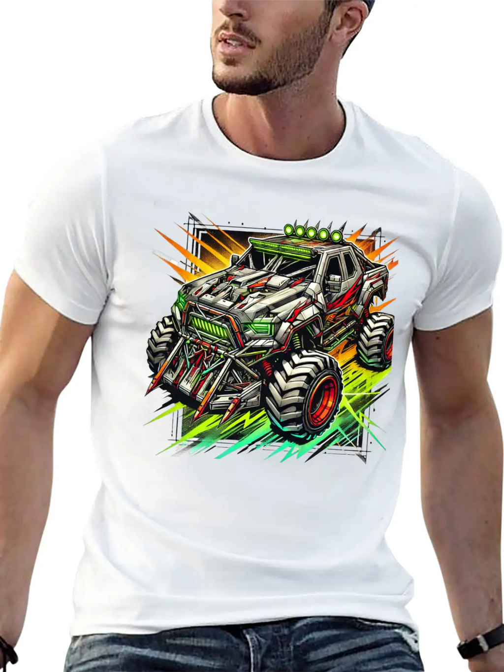 Futuristic Off-Road Monster Truck With Cyberpunk Relaxed Everyday Tee – Lightweight And Durable Cotton
