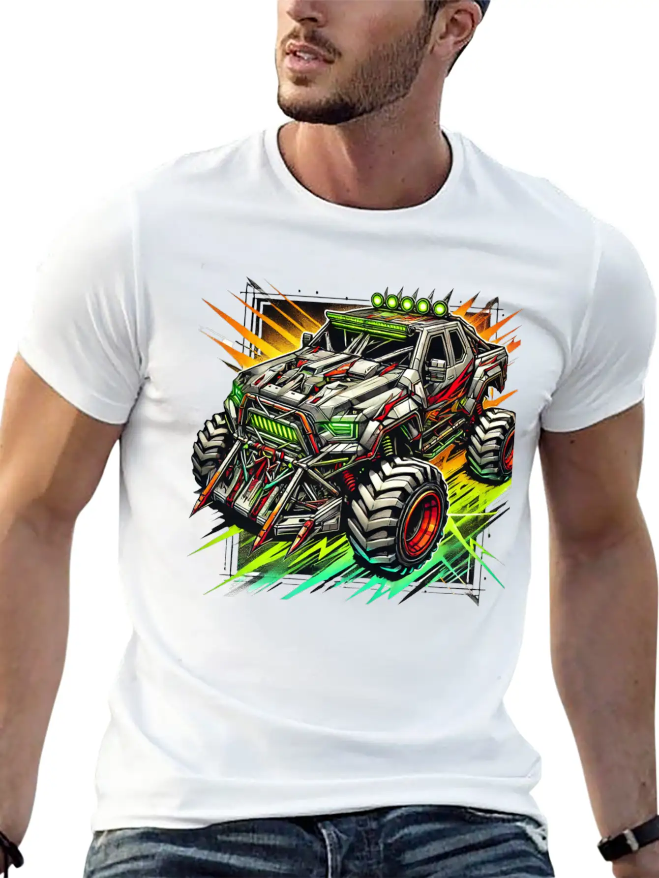 Futuristic Off-Road Monster Truck With Cyberpunk Relaxed Everyday Tee – Lightweight And Durable Cotton