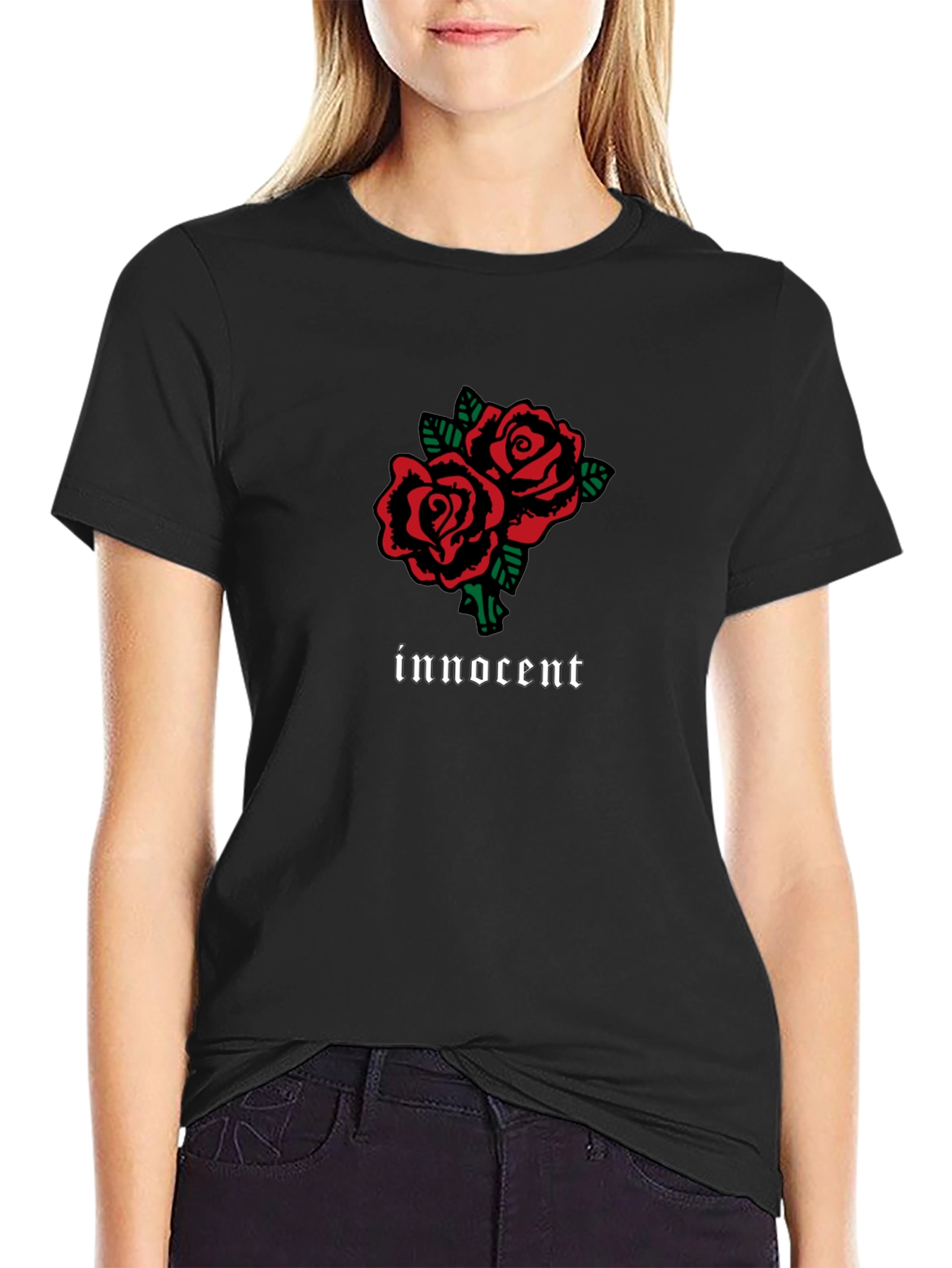 Innocent Rose Graphic T-Shirt - Stylish Black Tee