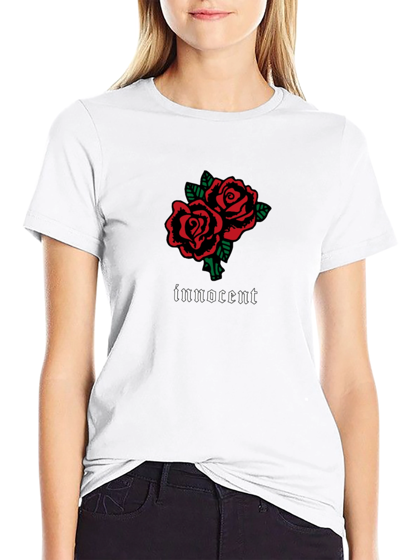 Innocent Rose Graphic T-Shirt - Stylish Black Tee