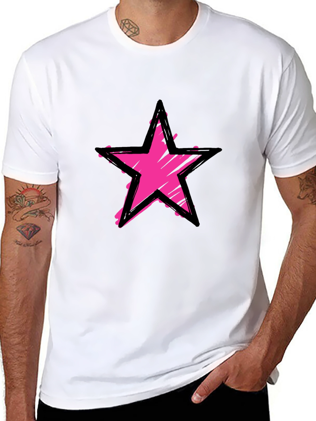 Distressed Pink Star Graphic Black T-Shirt