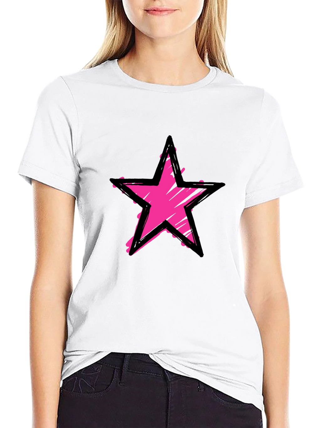 Distressed Pink Star Graphic Black T-Shirt