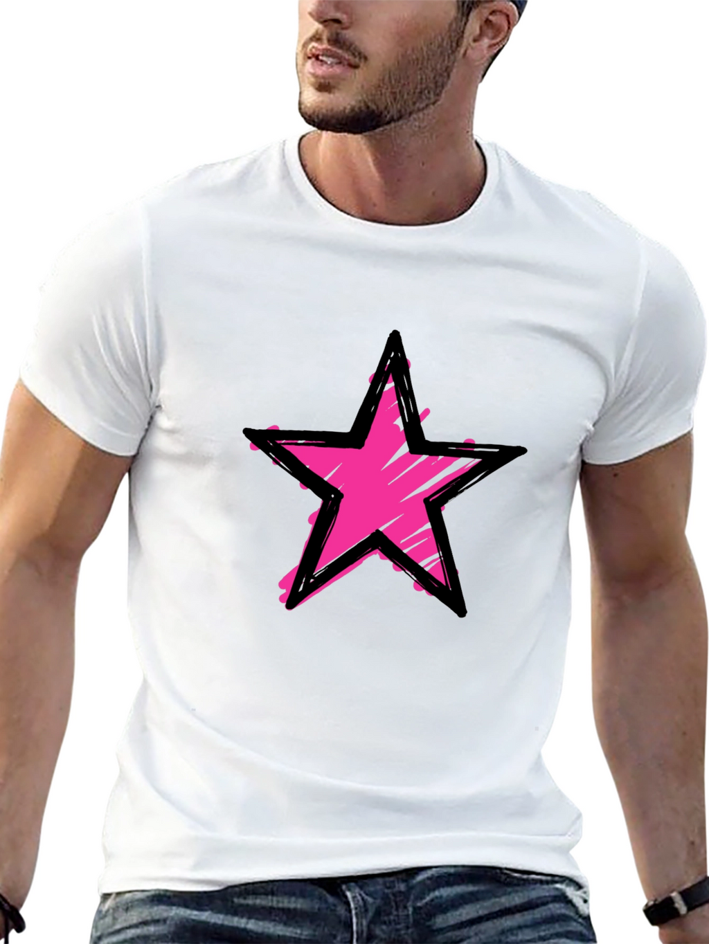 Distressed Pink Star Graphic Black T-Shirt