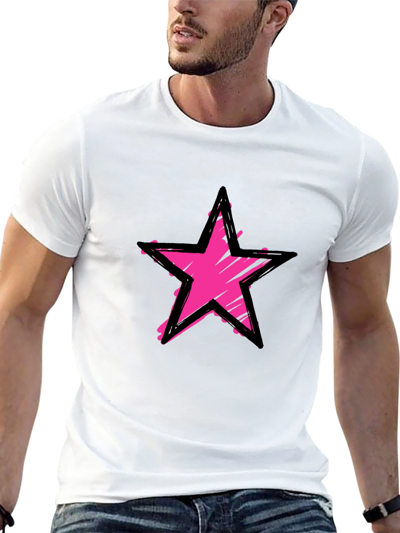 Distressed Pink Star Graphic Black T-Shirt