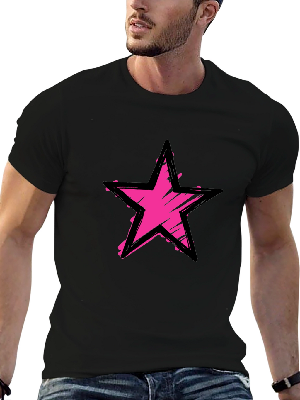 Distressed Pink Star Graphic Black T-Shirt