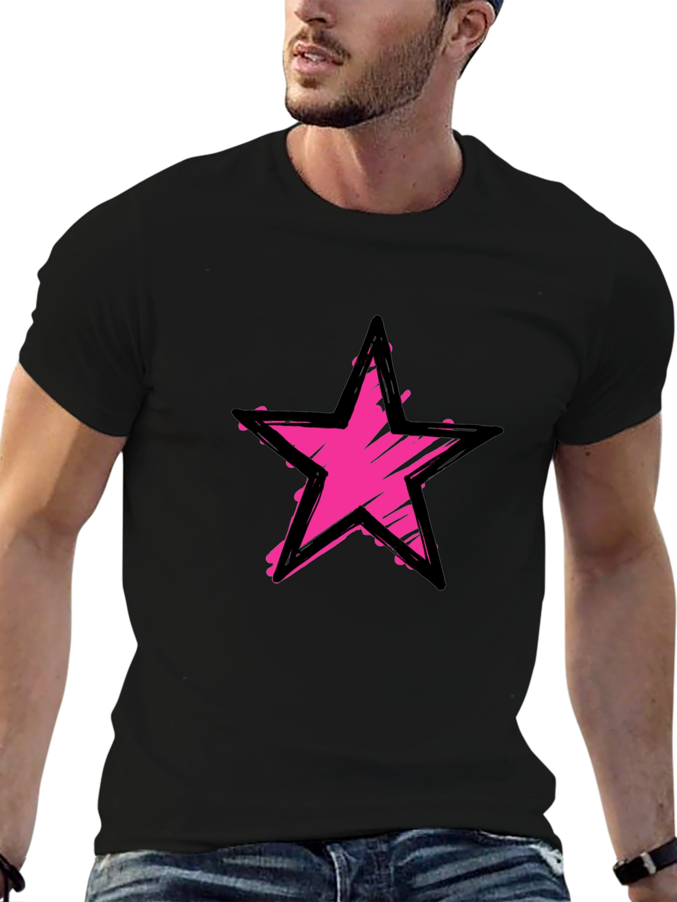 Distressed Pink Star Graphic Black T-Shirt