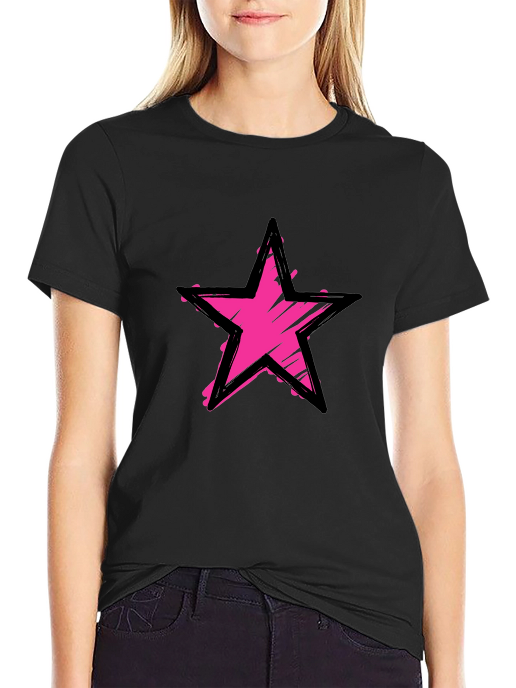 Distressed Pink Star Graphic Black T-Shirt