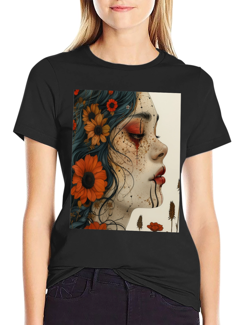 Floral Woman Graphic Black T-Shirt