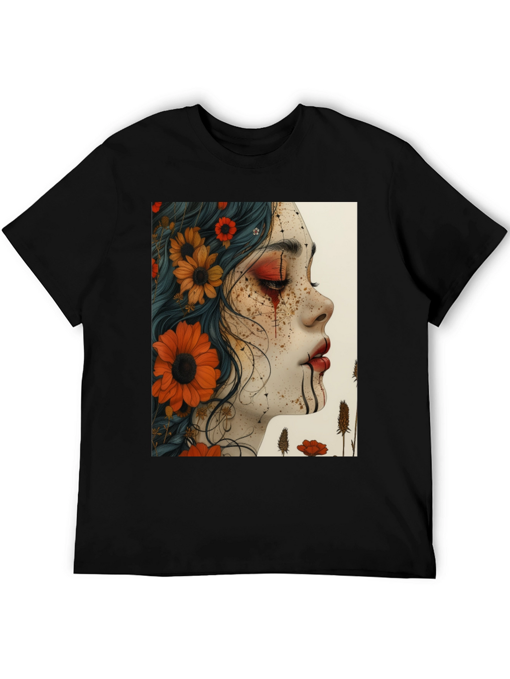 Floral Woman Graphic Black T-Shirt