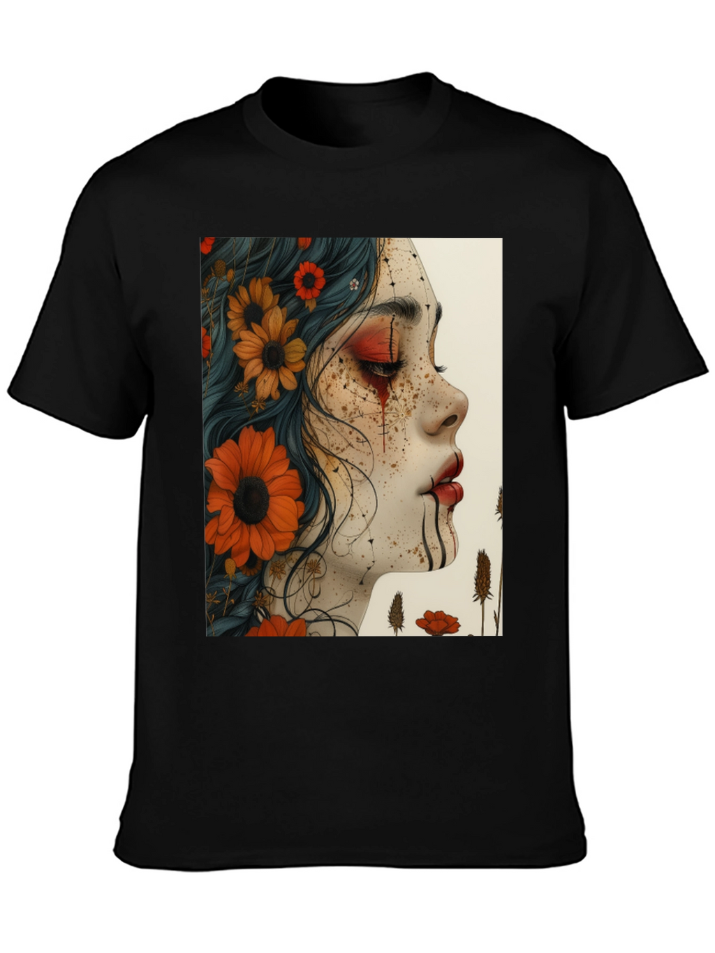 Floral Woman Graphic Black T-Shirt