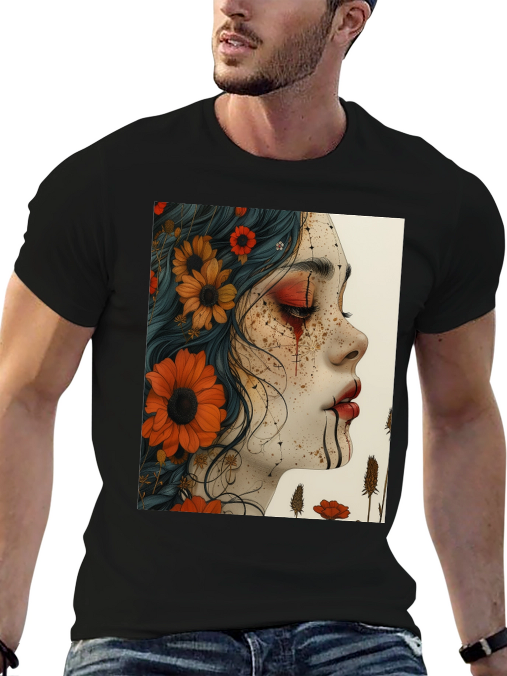 Floral Woman Graphic Black T-Shirt