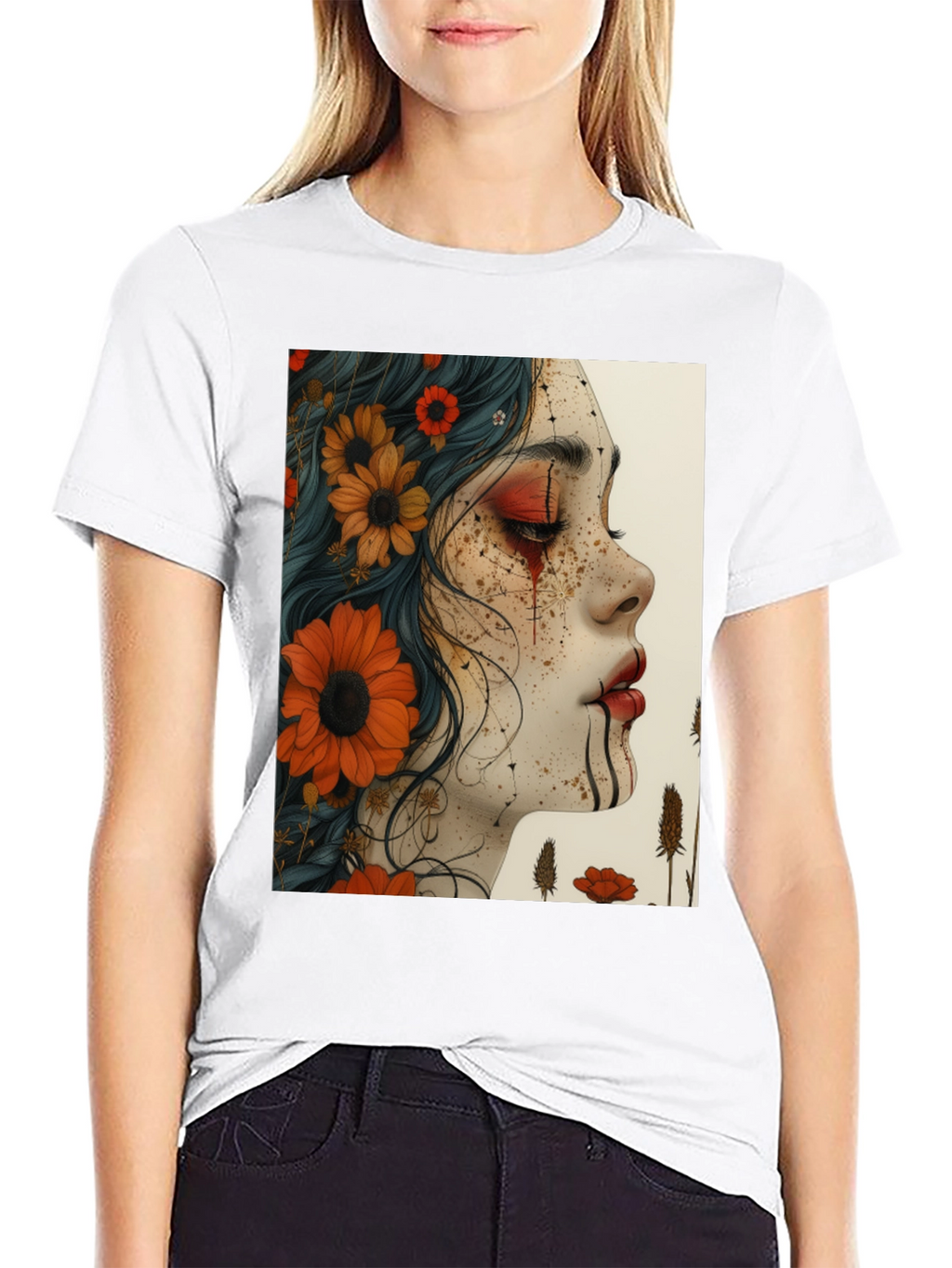 Floral Woman Graphic Black T-Shirt