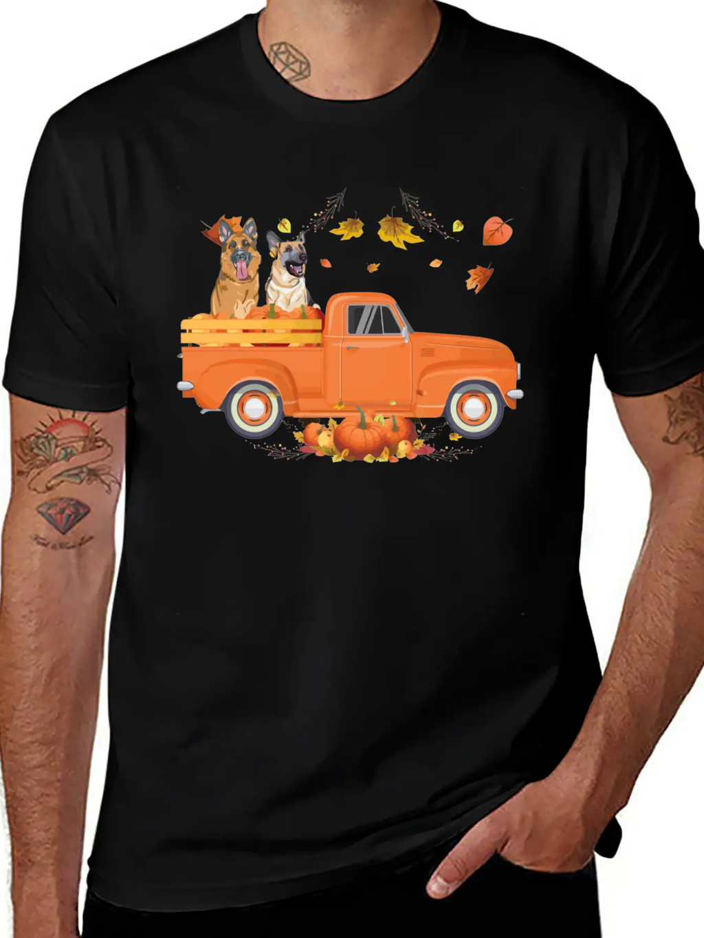 German Shepherd Pumpkin Truck Fall Thanksgiving Ha Stylish Everyday T-Shirt – Unisex Basic Cotton Tee