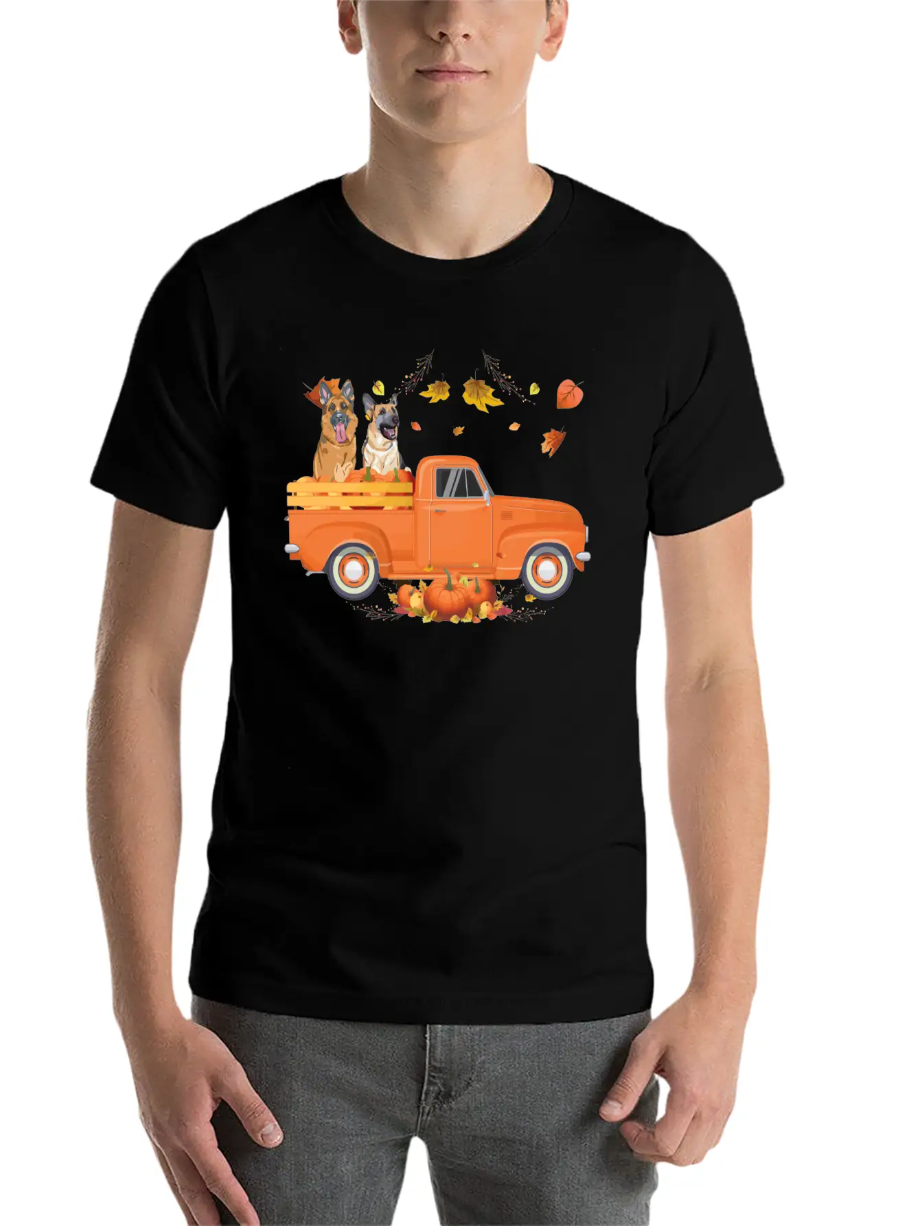 German Shepherd Pumpkin Truck Fall Thanksgiving Ha Stylish Everyday T-Shirt – Unisex Basic Cotton Tee