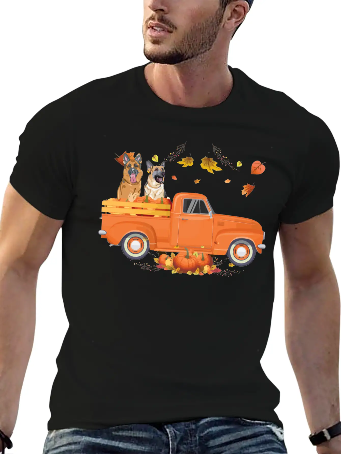 German Shepherd Pumpkin Truck Fall Thanksgiving Ha Stylish Everyday T-Shirt – Unisex Basic Cotton Tee
