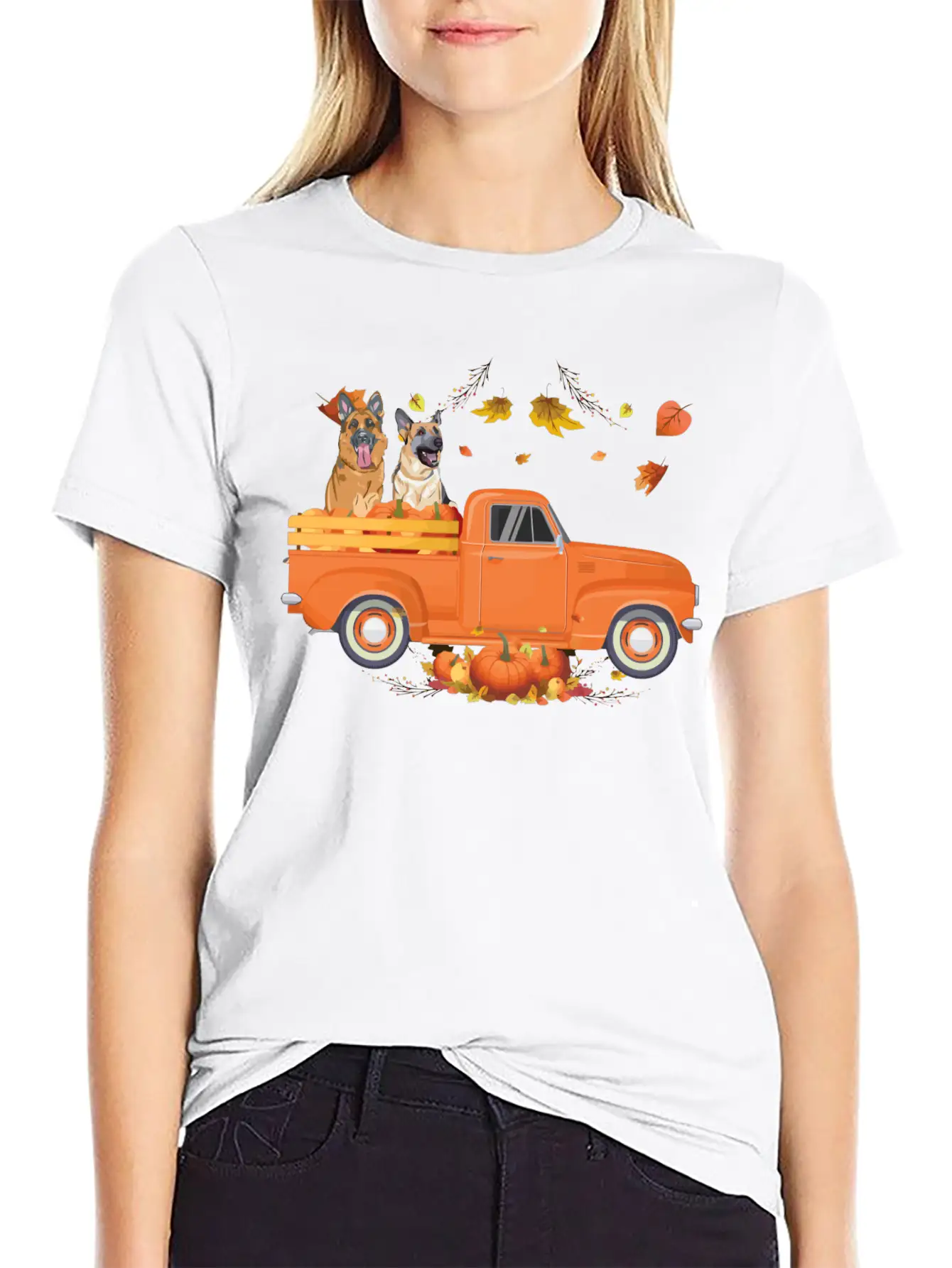 German Shepherd Pumpkin Truck Fall Thanksgiving Ha Stylish Everyday T-Shirt – Unisex Basic Cotton Tee