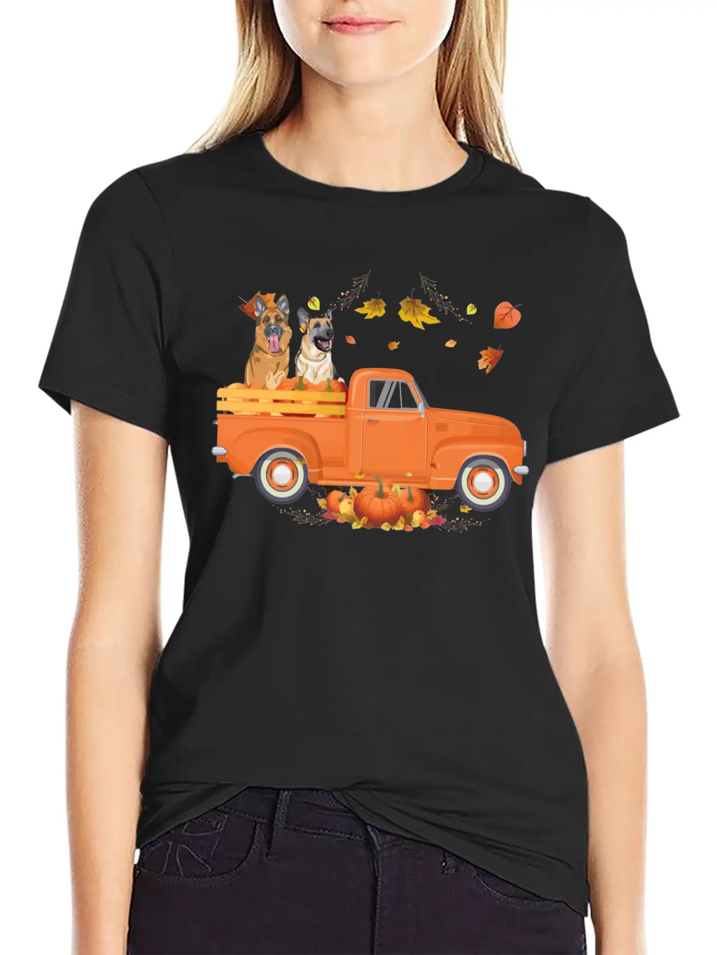 German Shepherd Pumpkin Truck Fall Thanksgiving Ha Stylish Everyday T-Shirt – Unisex Basic Cotton Tee
