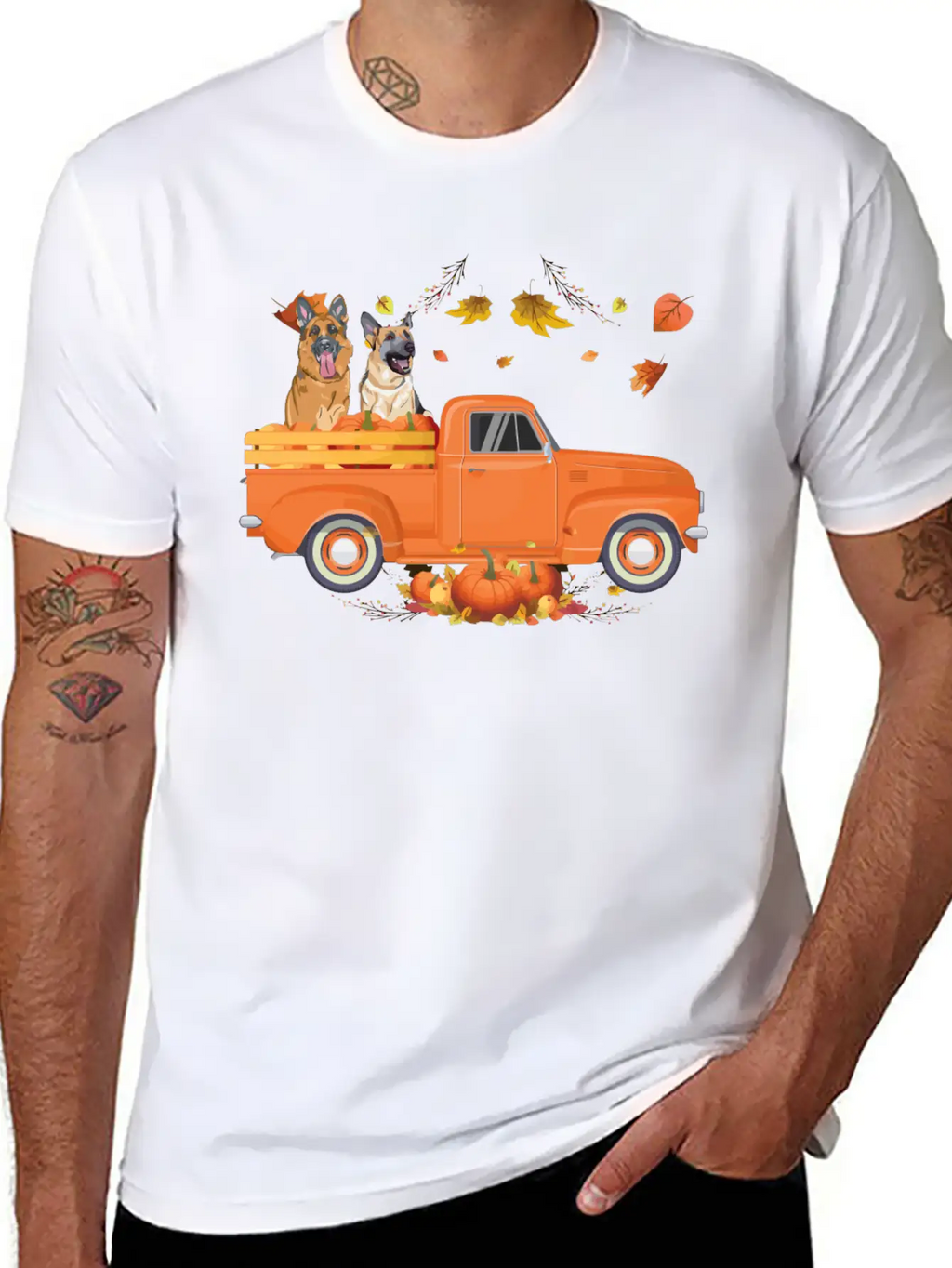 German Shepherd Pumpkin Truck Fall Thanksgiving Ha Stylish Everyday T-Shirt – Unisex Basic Cotton Tee