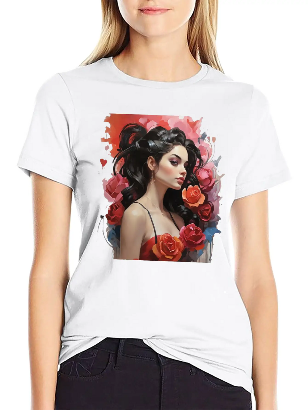 Girl With Roses Breathable Soft Cotton T-Shirt – Timeless Casual Look