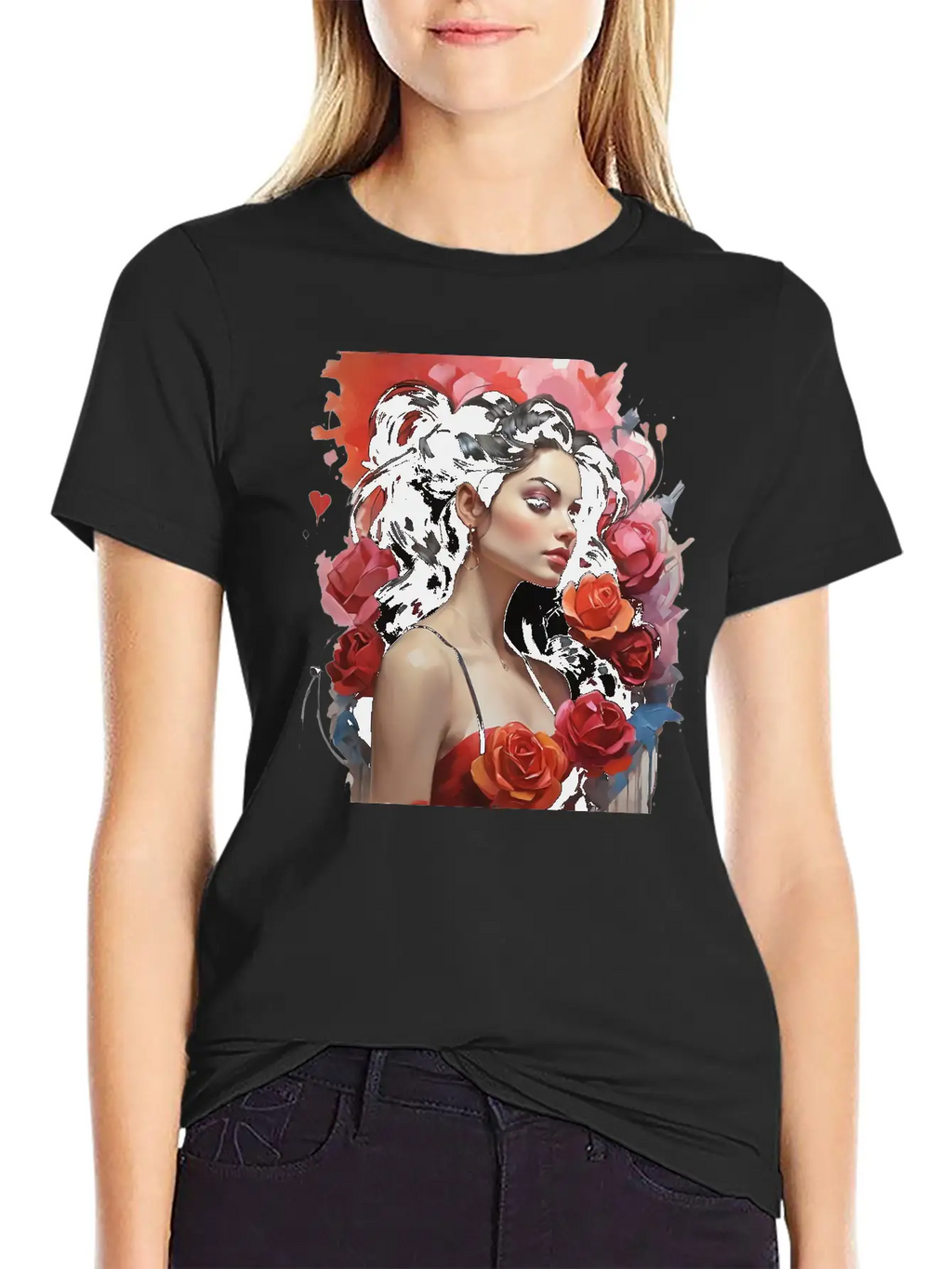 Girl With Roses Breathable Soft Cotton T-Shirt – Timeless Casual Look
