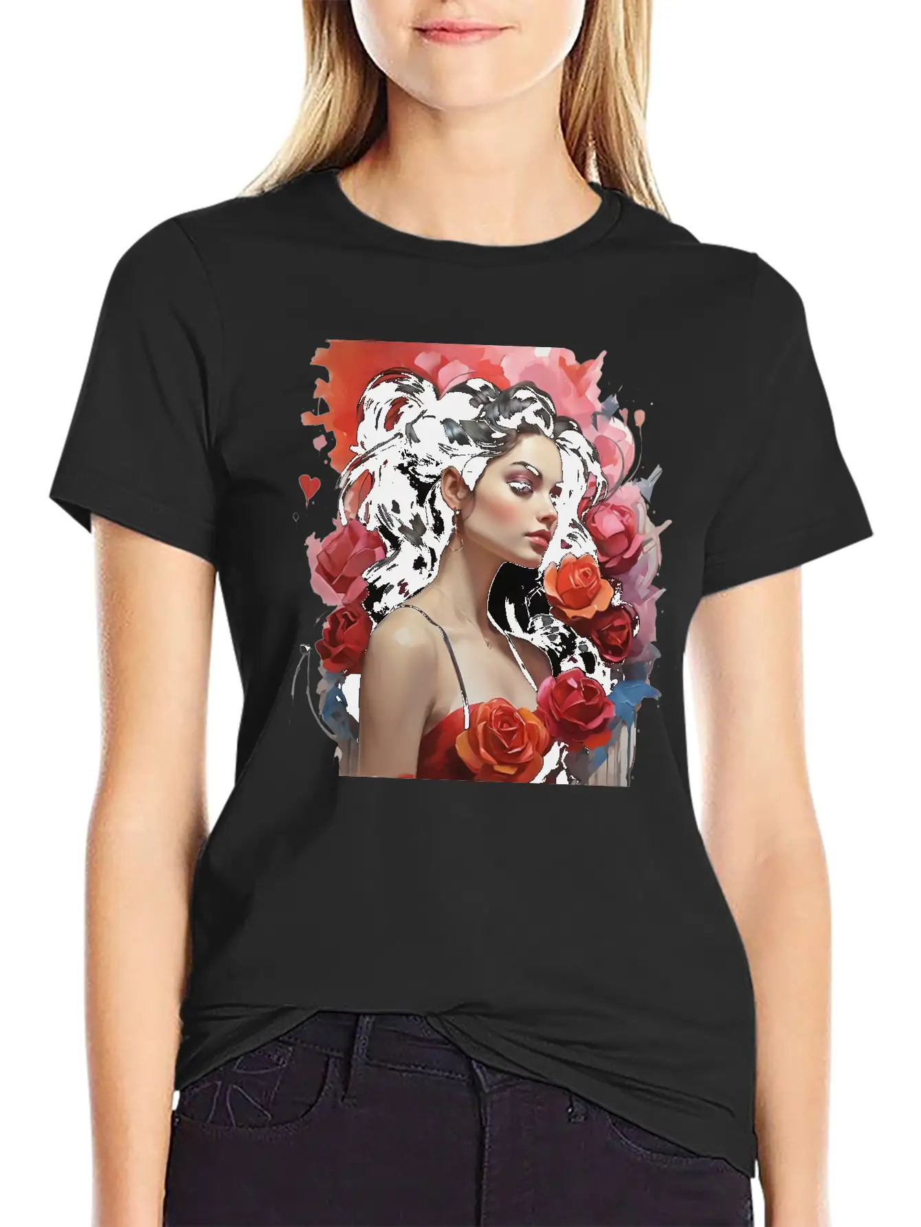 Girl With Roses Breathable Soft Cotton T-Shirt – Timeless Casual Look