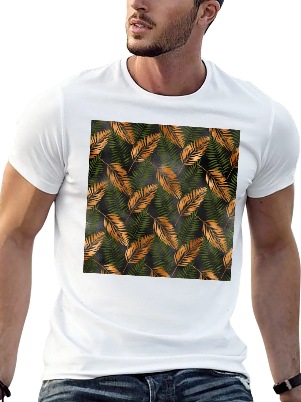 Stylish Black T-Shirt with Tropical Leaf Print