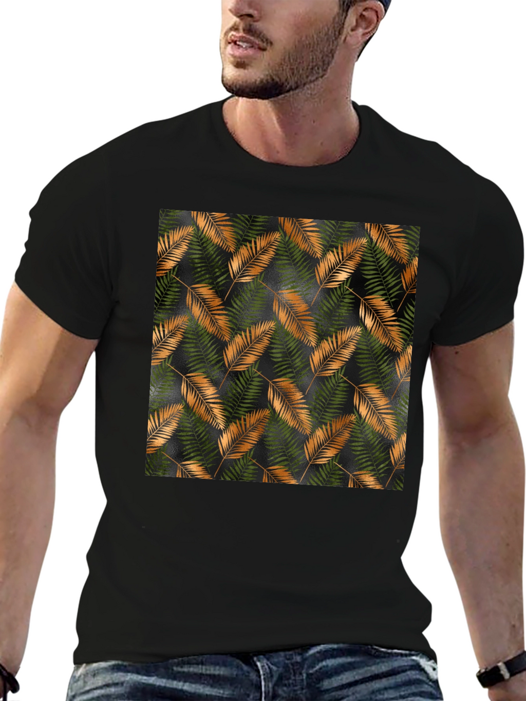 Stylish Black T-Shirt with Tropical Leaf Print