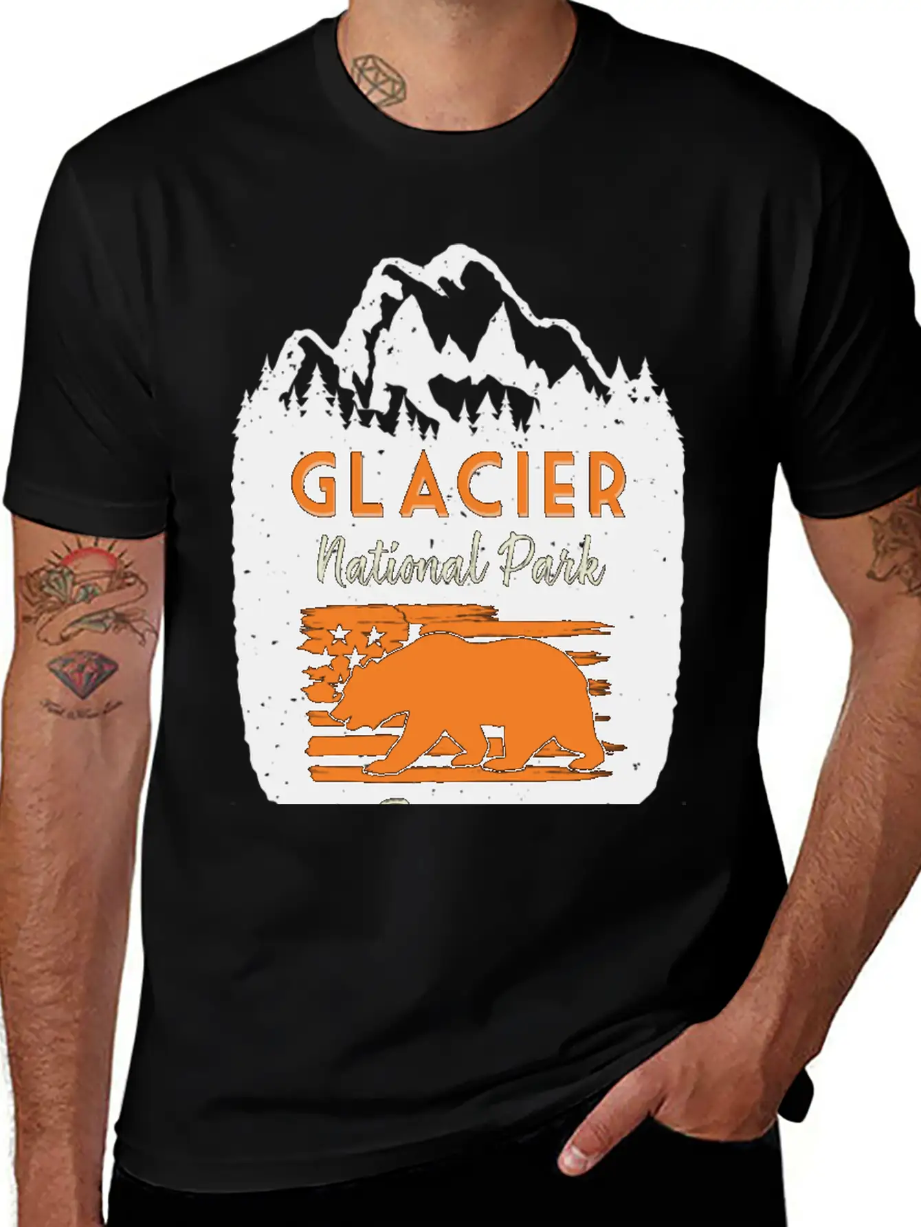 Glacier National Park Us Flag Grizzly Bear Classic Cotton Tee – Unisex Comfort For Any Season
