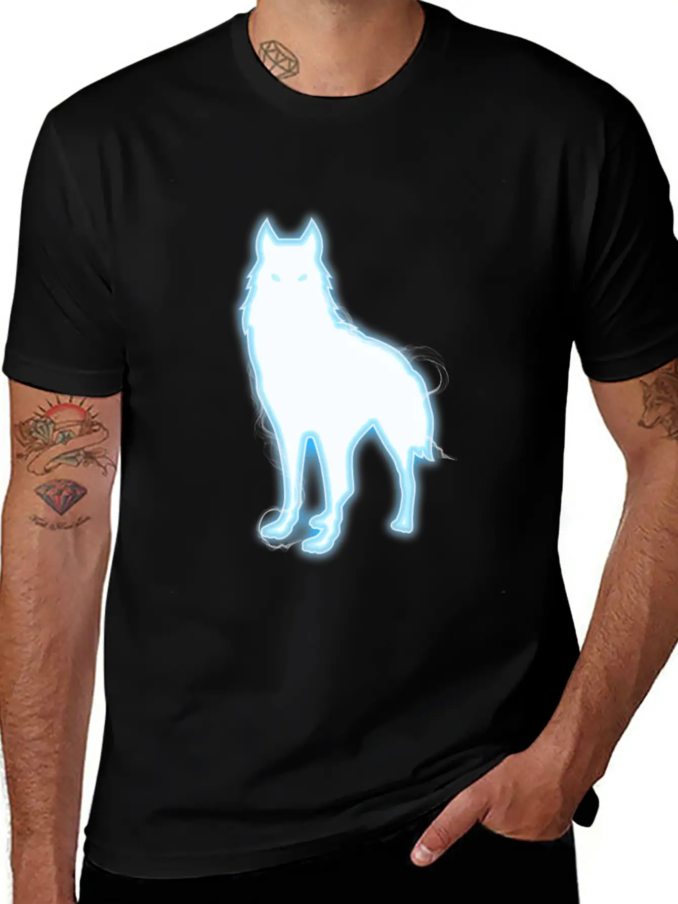 Glowing Blue Wolf Design - Wolf Lovers Or Animal Essential Cotton Tee For Daily Outfits – Unisex Style