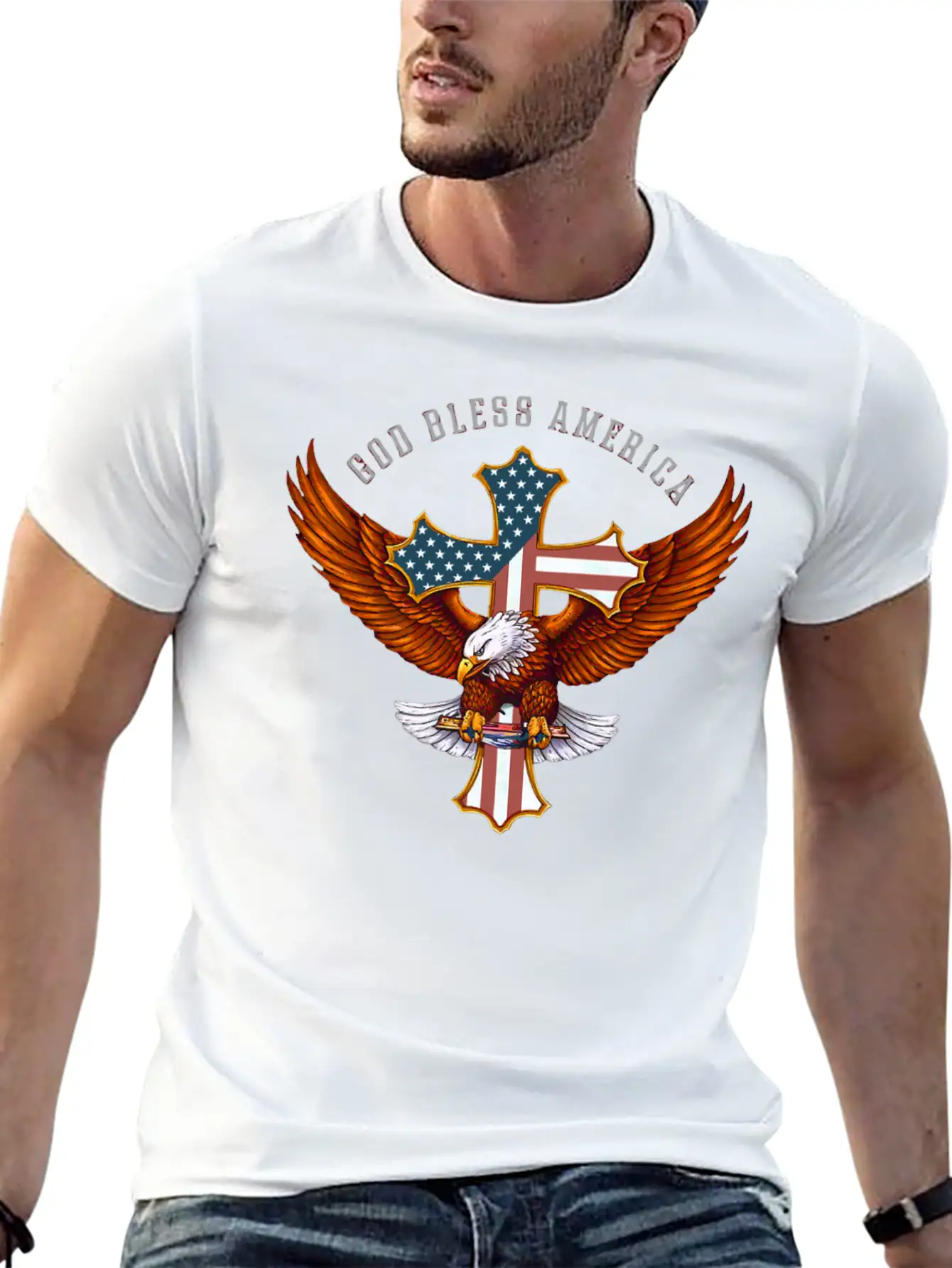 God Bless America Eagle Christian Jesus Cross Basic Graphic T-Shirt – Daily Comfort In Soft Cotton