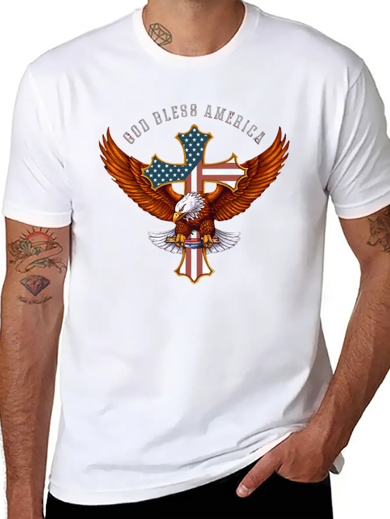 God Bless America Eagle Christian Jesus Cross Basic Graphic T-Shirt – Daily Comfort In Soft Cotton