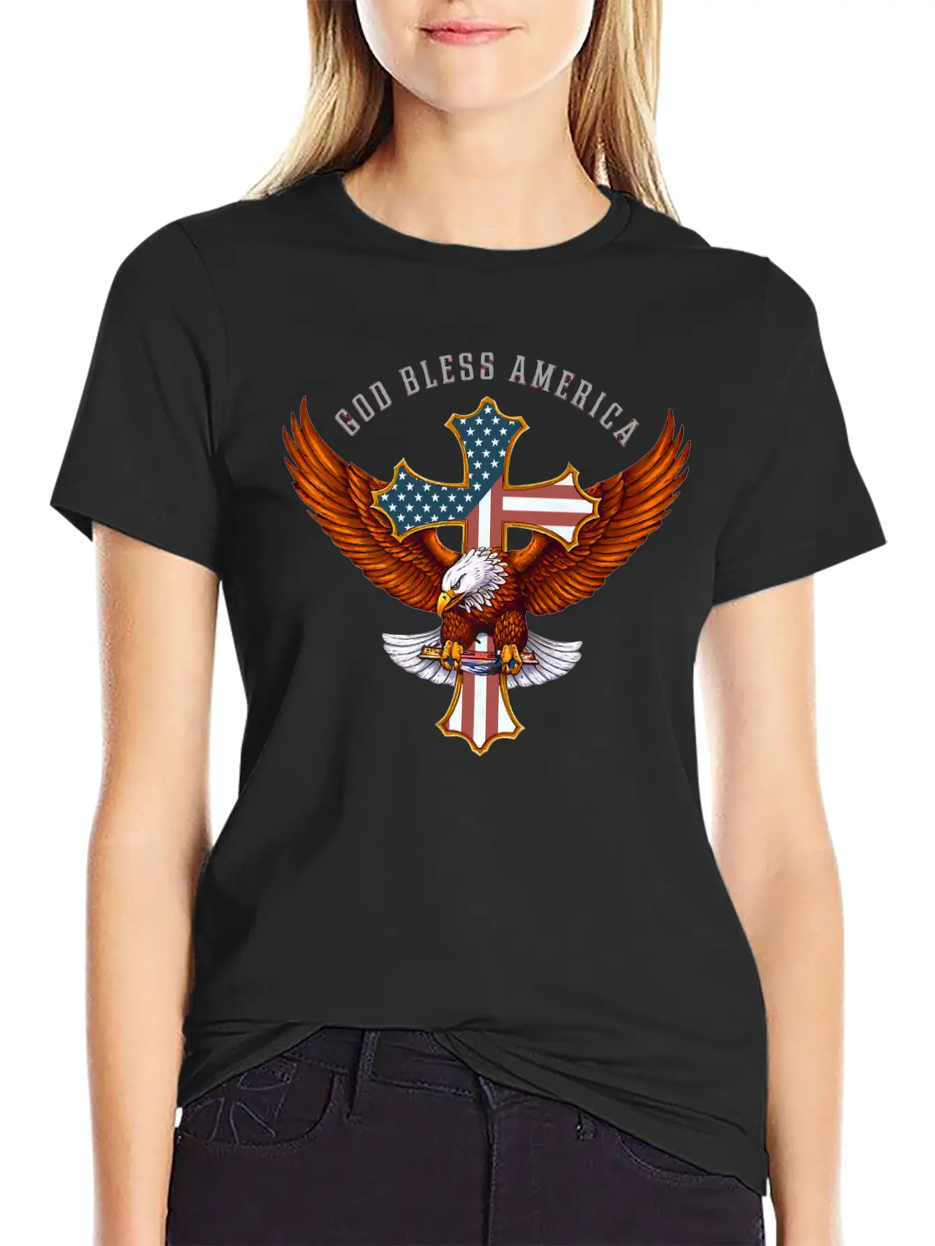 God Bless America Eagle Christian Jesus Cross Basic Graphic T-Shirt – Daily Comfort In Soft Cotton