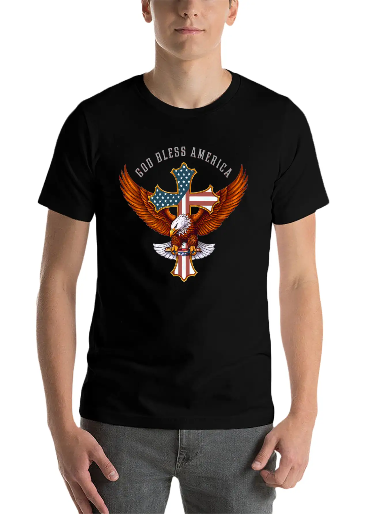 God Bless America Eagle Christian Jesus Cross Basic Graphic T-Shirt – Daily Comfort In Soft Cotton
