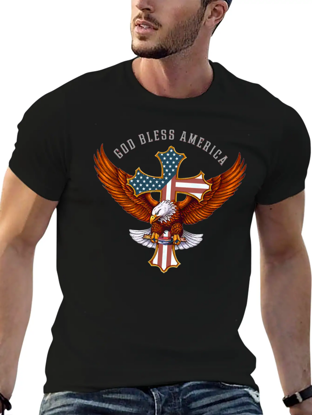 God Bless America Eagle Christian Jesus Cross Basic Graphic T-Shirt – Daily Comfort In Soft Cotton