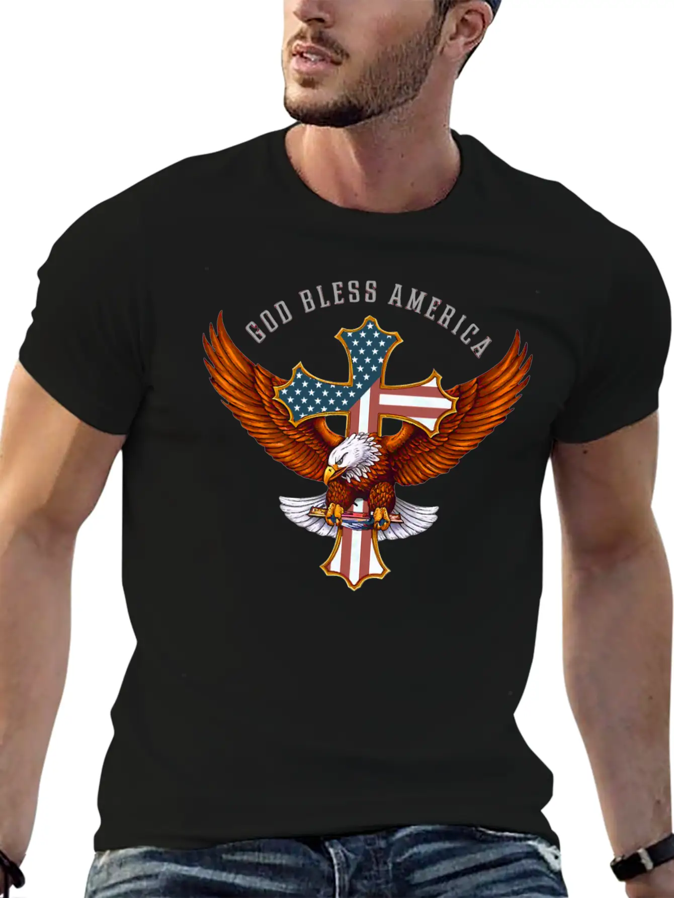 God Bless America Eagle Christian Jesus Cross Basic Graphic T-Shirt – Daily Comfort In Soft Cotton