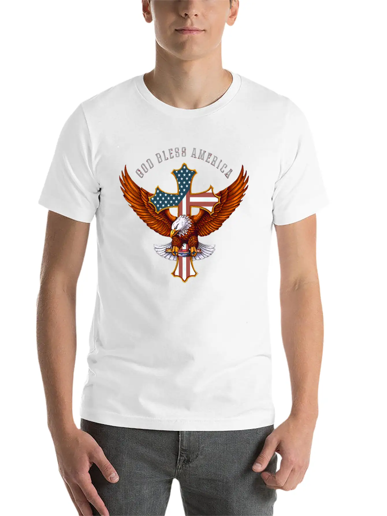 God Bless America Eagle Christian Jesus Cross Basic Graphic T-Shirt – Daily Comfort In Soft Cotton