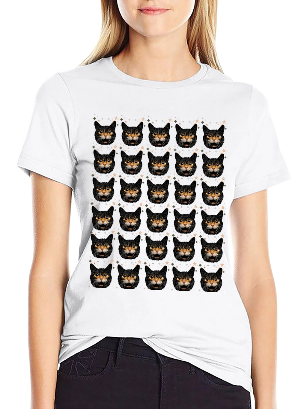 Cat Face Pattern Black T-Shirt
