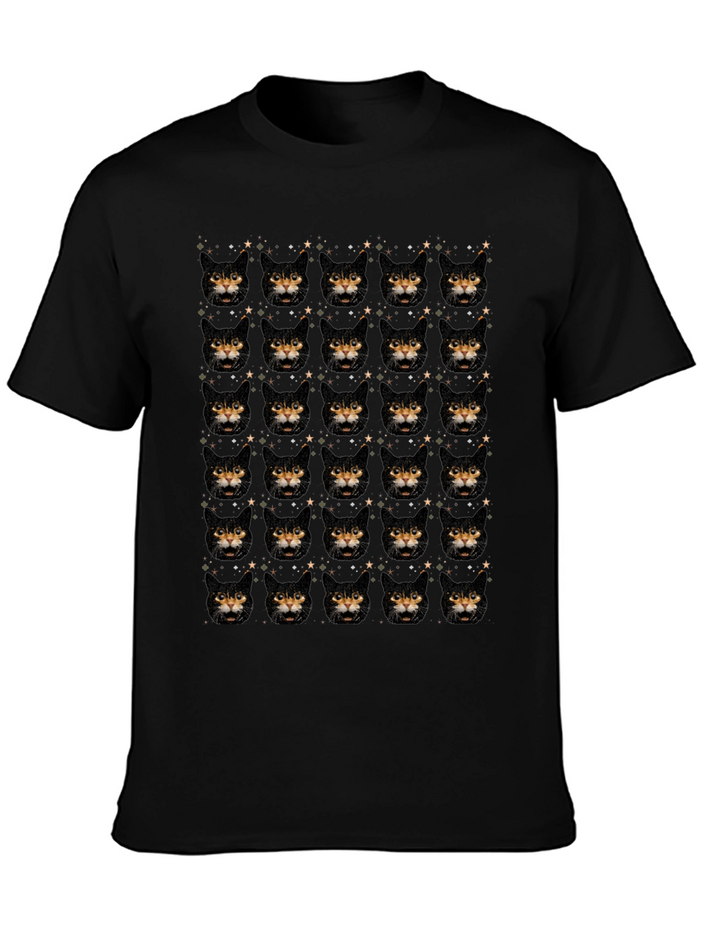 Cat Face Pattern Black T-Shirt
