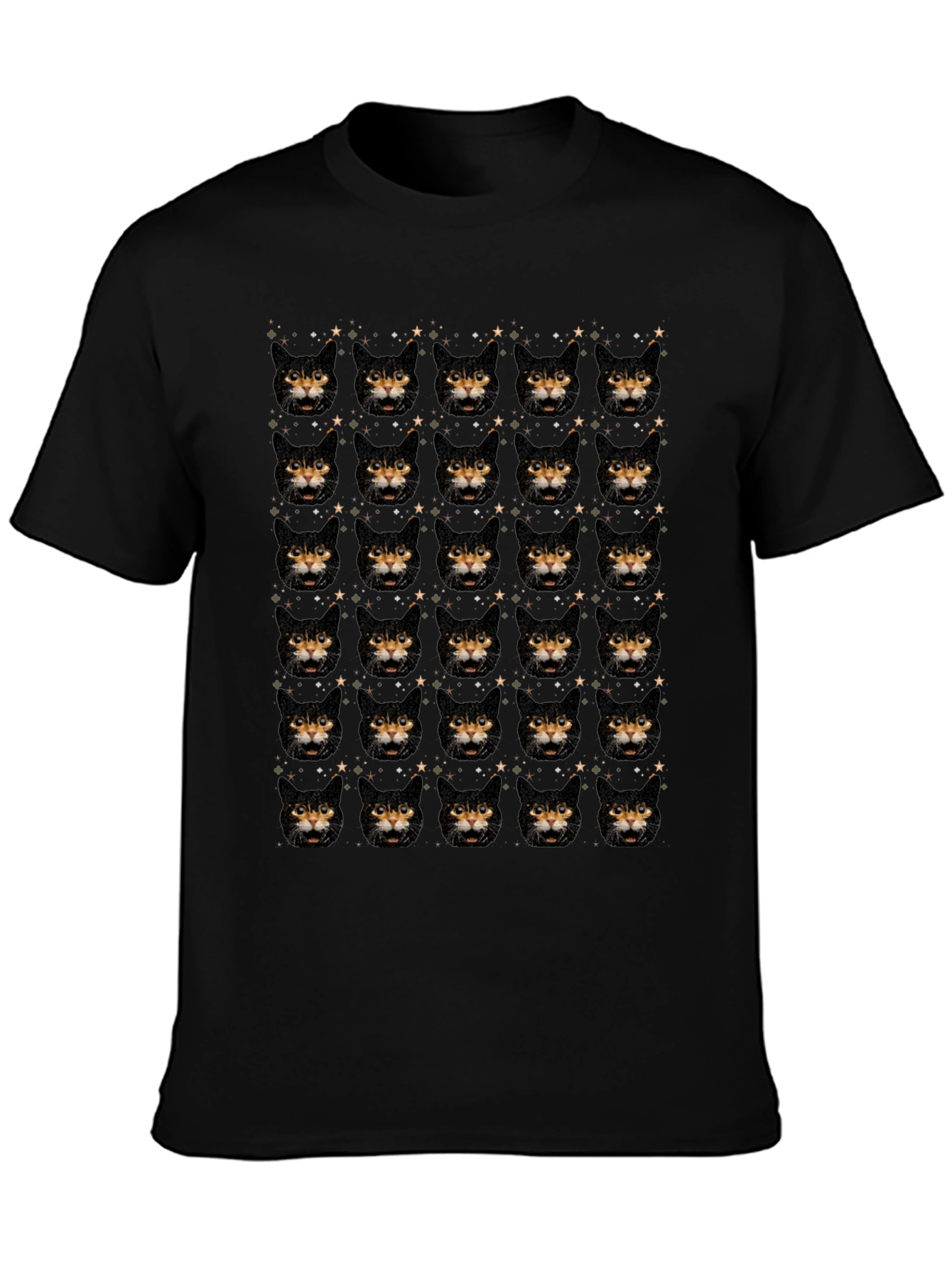 Cat Face Pattern Black T-Shirt
