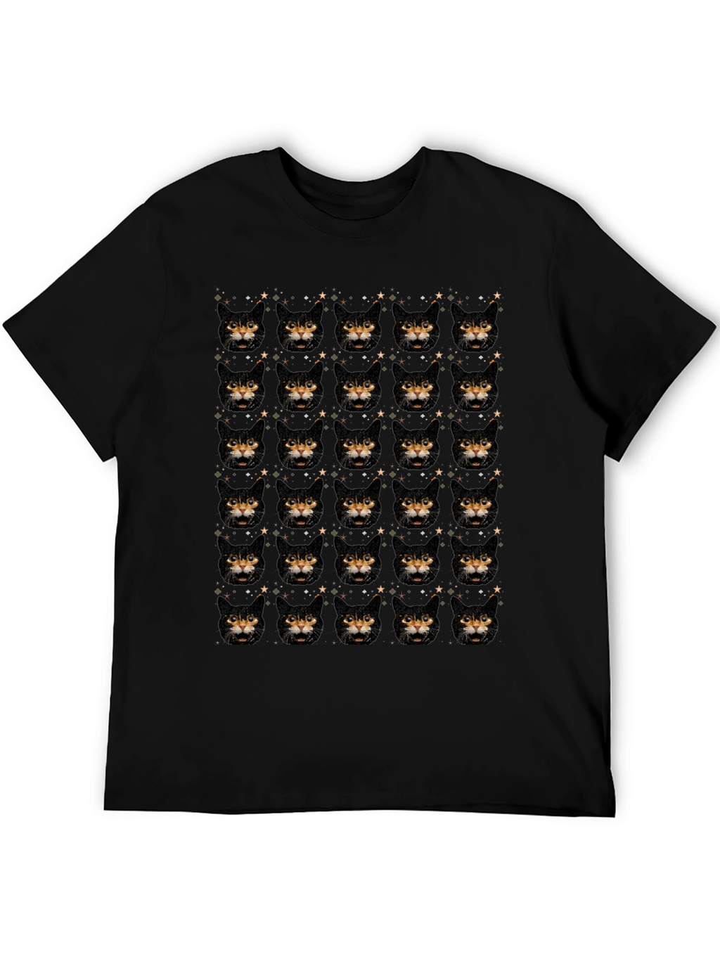 Cat Face Pattern Black T-Shirt