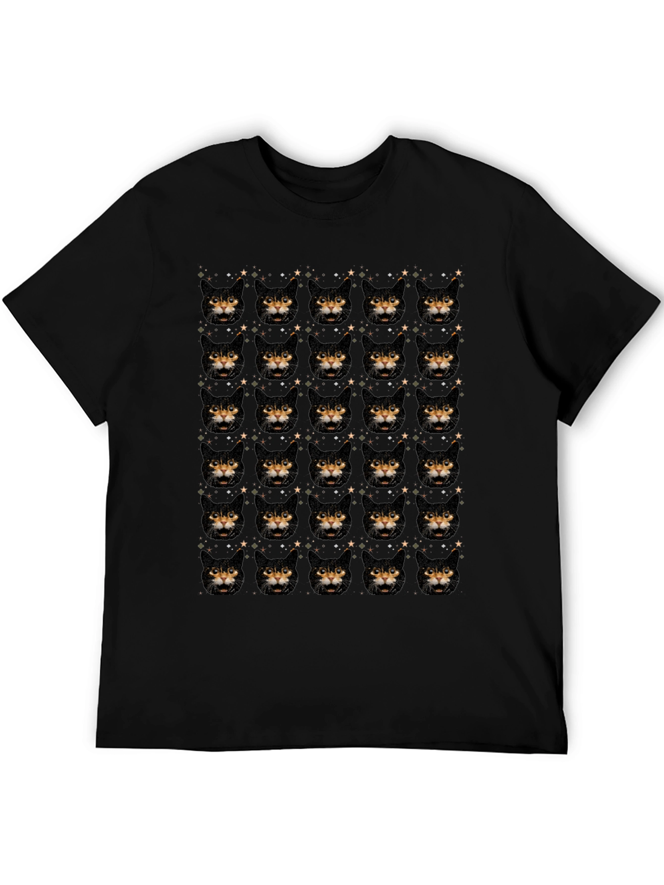 Cat Face Pattern Black T-Shirt