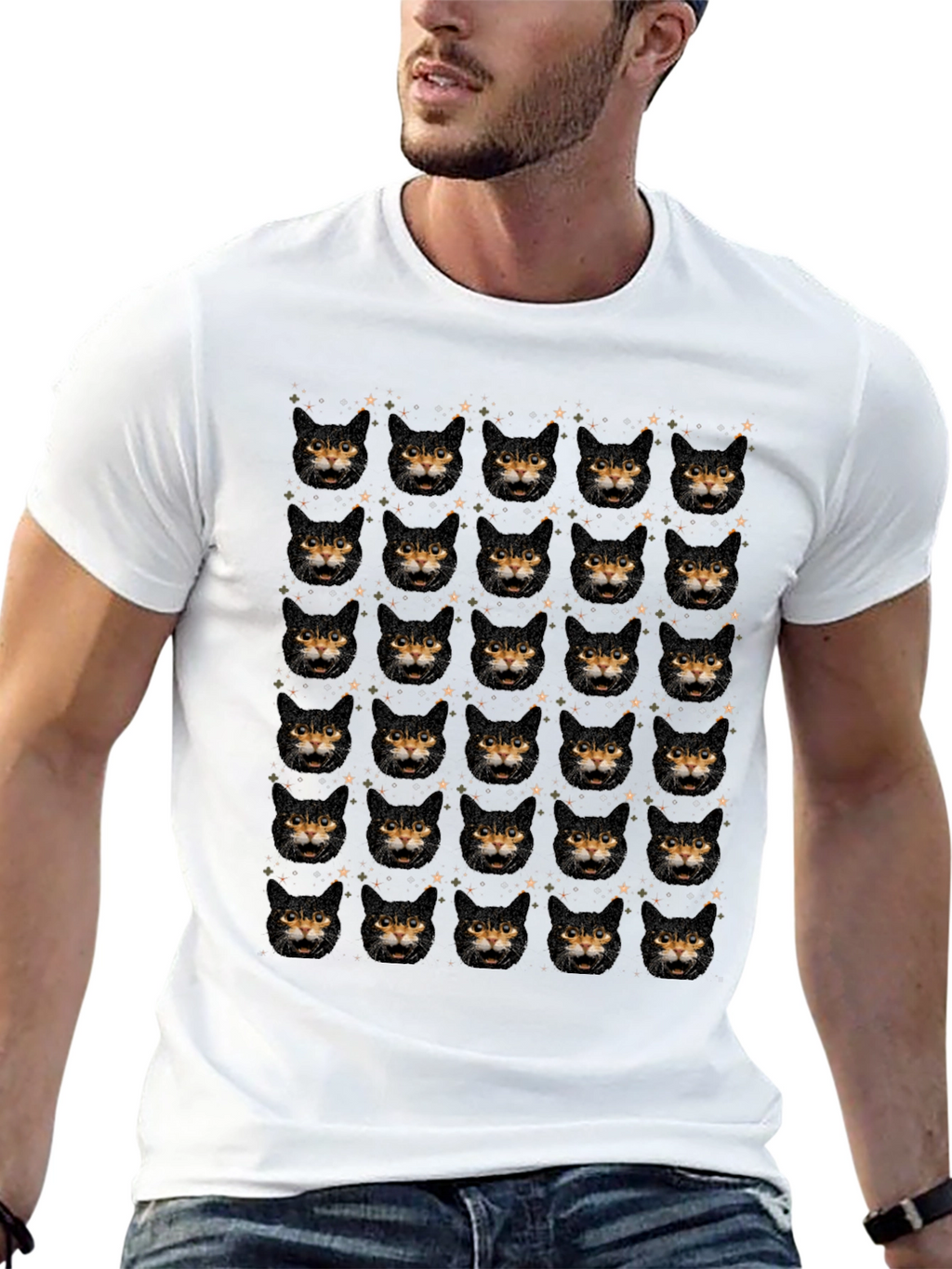 Cat Face Pattern Black T-Shirt