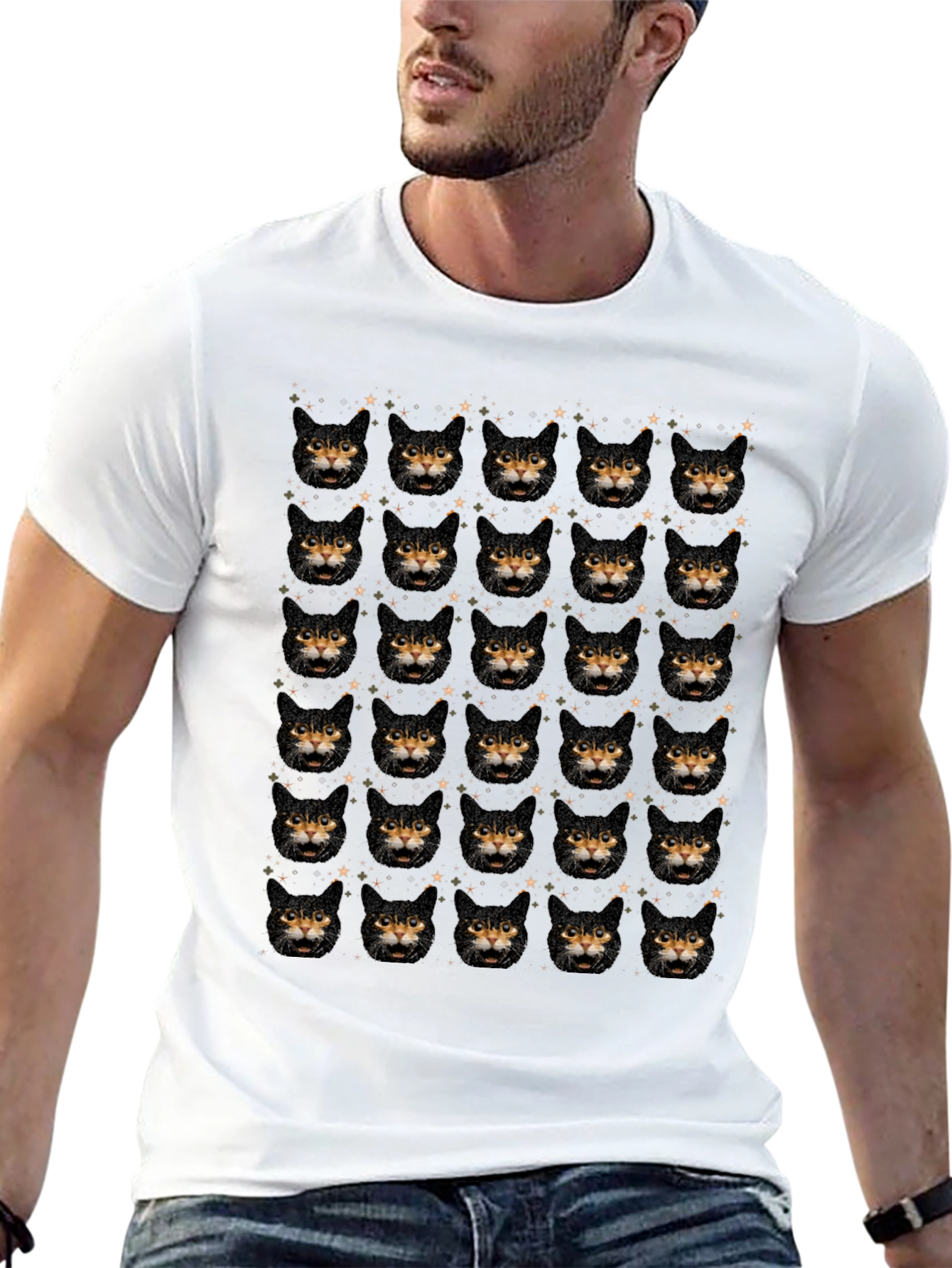 Cat Face Pattern Black T-Shirt