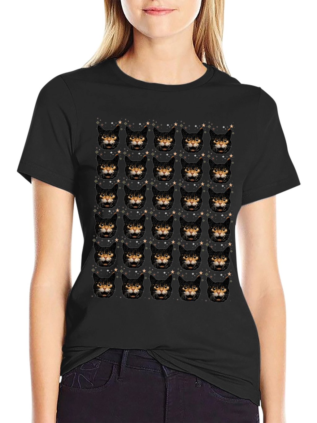 Cat Face Pattern Black T-Shirt