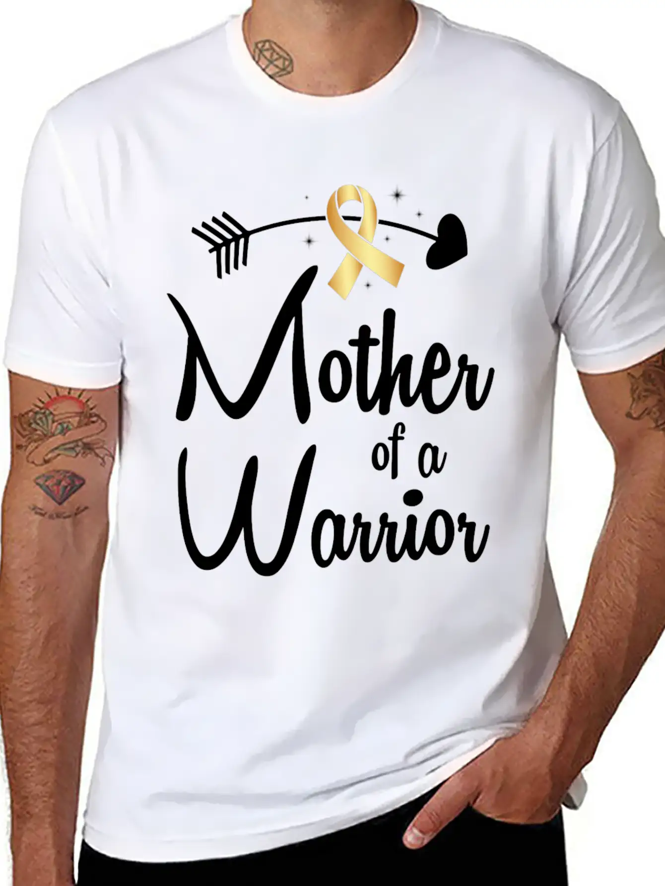 Gold Arrow Mother Of A Warrior Childhood Cancer Basic Graphic T-Shirt – Daily Comfort In Soft Cotton