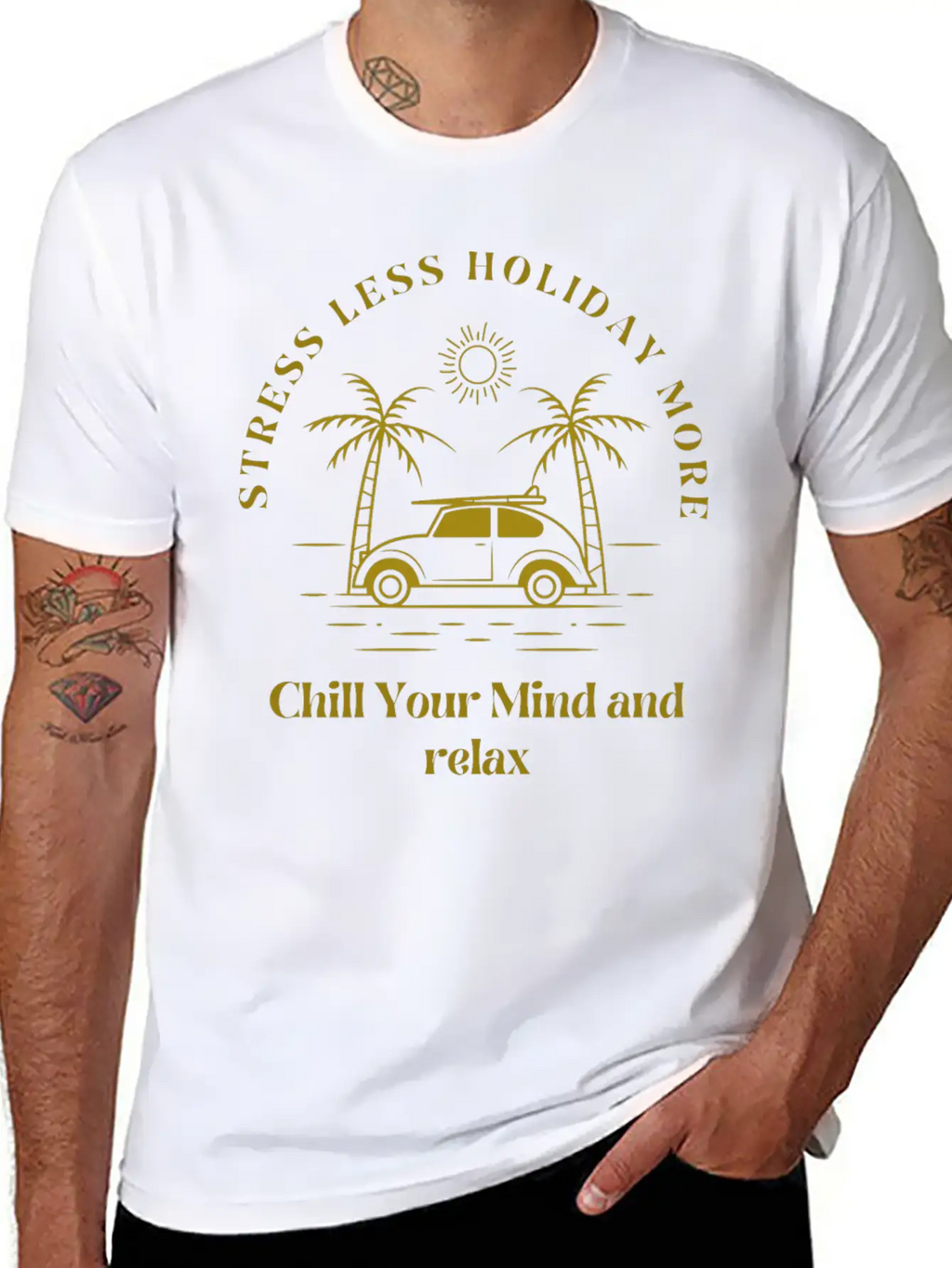 Gold Yellow Stress Less Holiday More Tshirt Stylish Everyday T-Shirt – Unisex Basic Cotton Tee