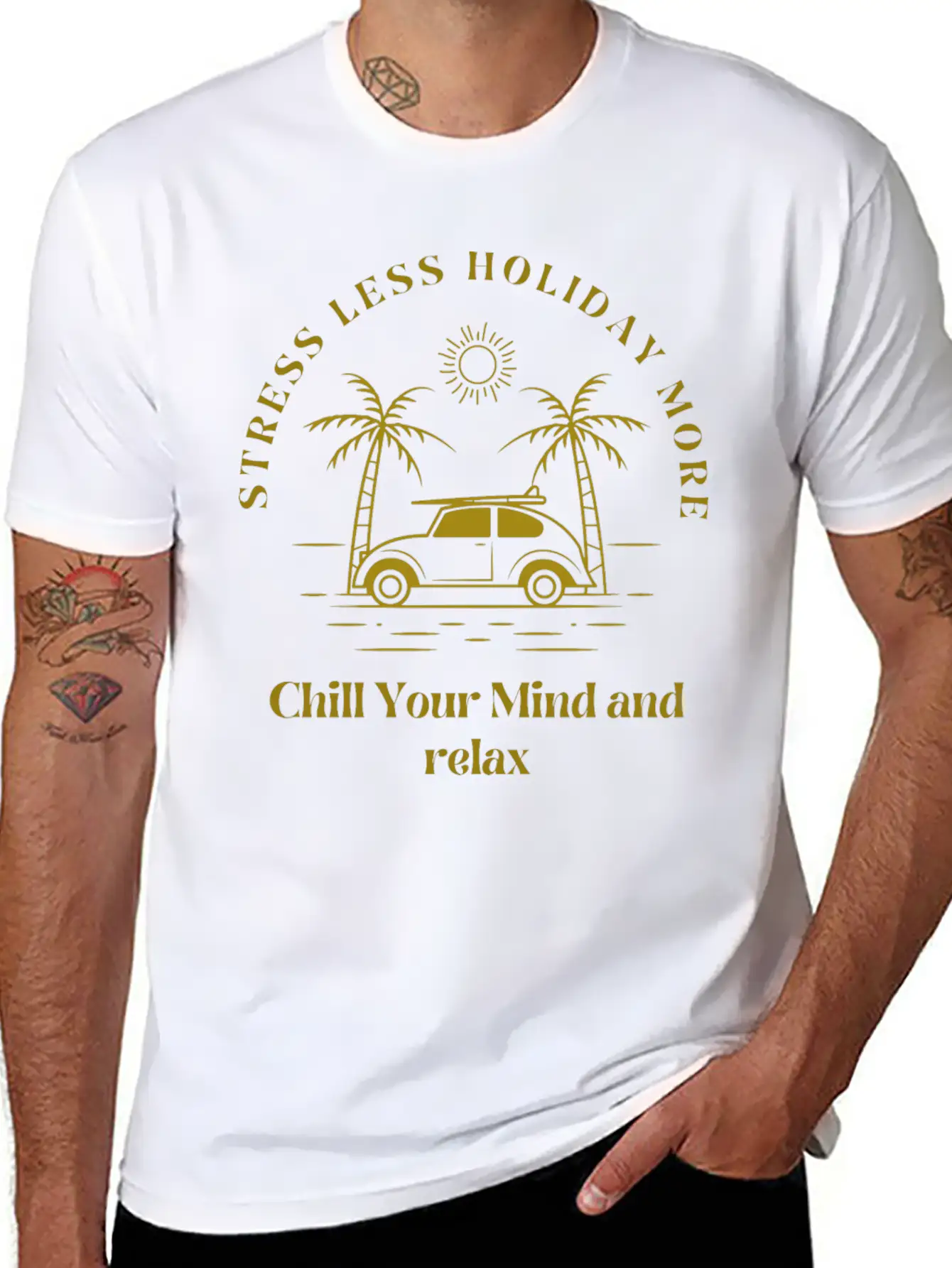 Gold Yellow Stress Less Holiday More Tshirt Stylish Everyday T-Shirt – Unisex Basic Cotton Tee