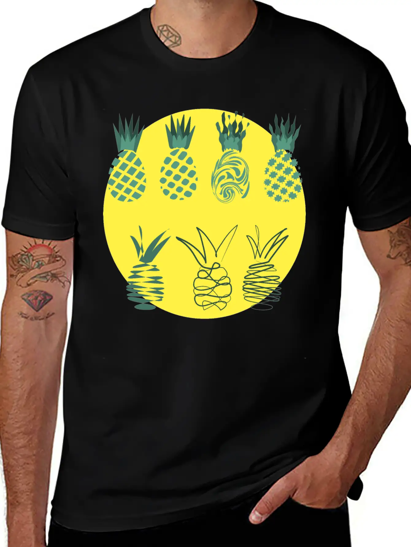 Golden Pineapples Drawing In Abstract Style Unisex Casual T-Shirt – Clean Design For Daily Comfort