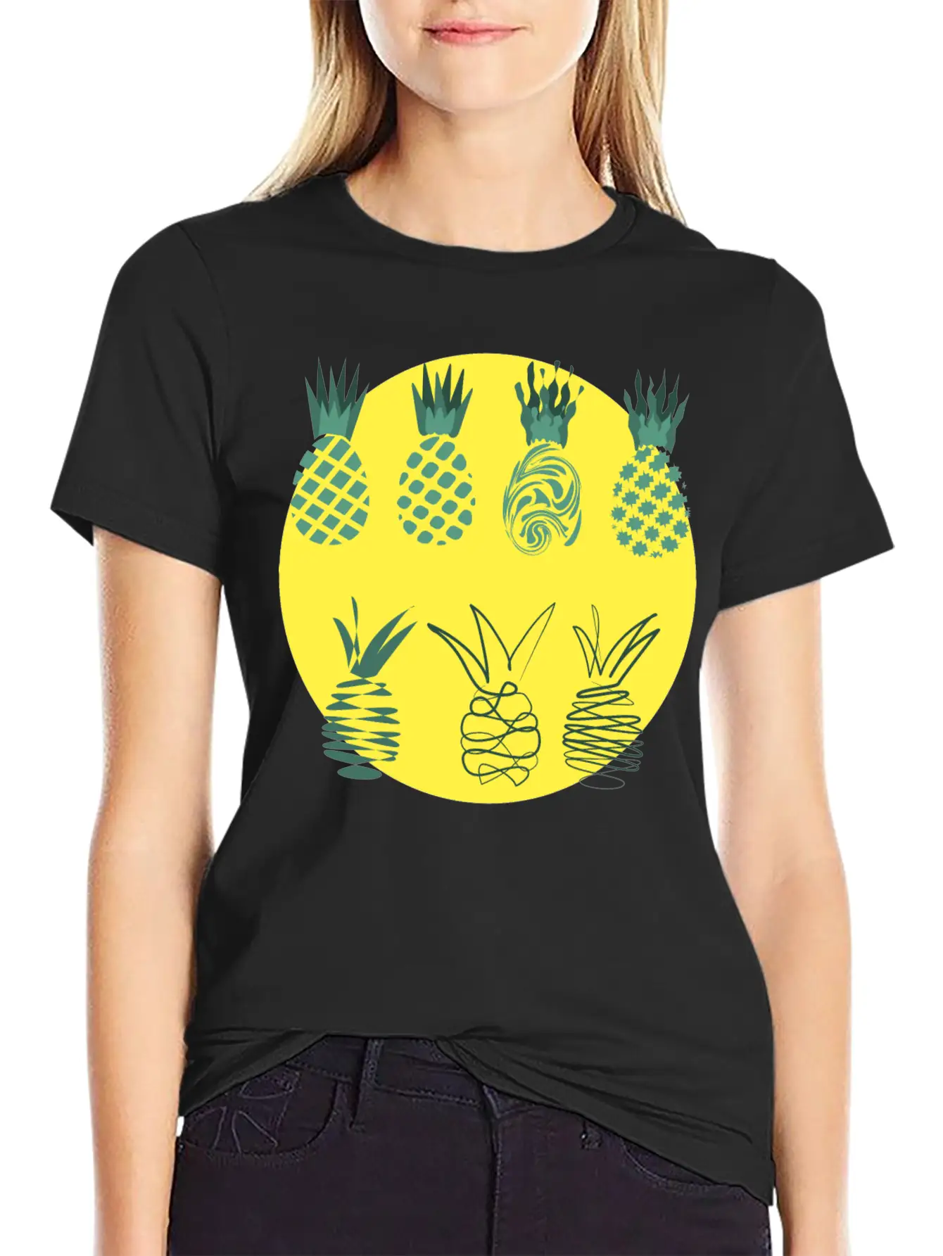 Golden Pineapples Drawing In Abstract Style Unisex Casual T-Shirt – Clean Design For Daily Comfort