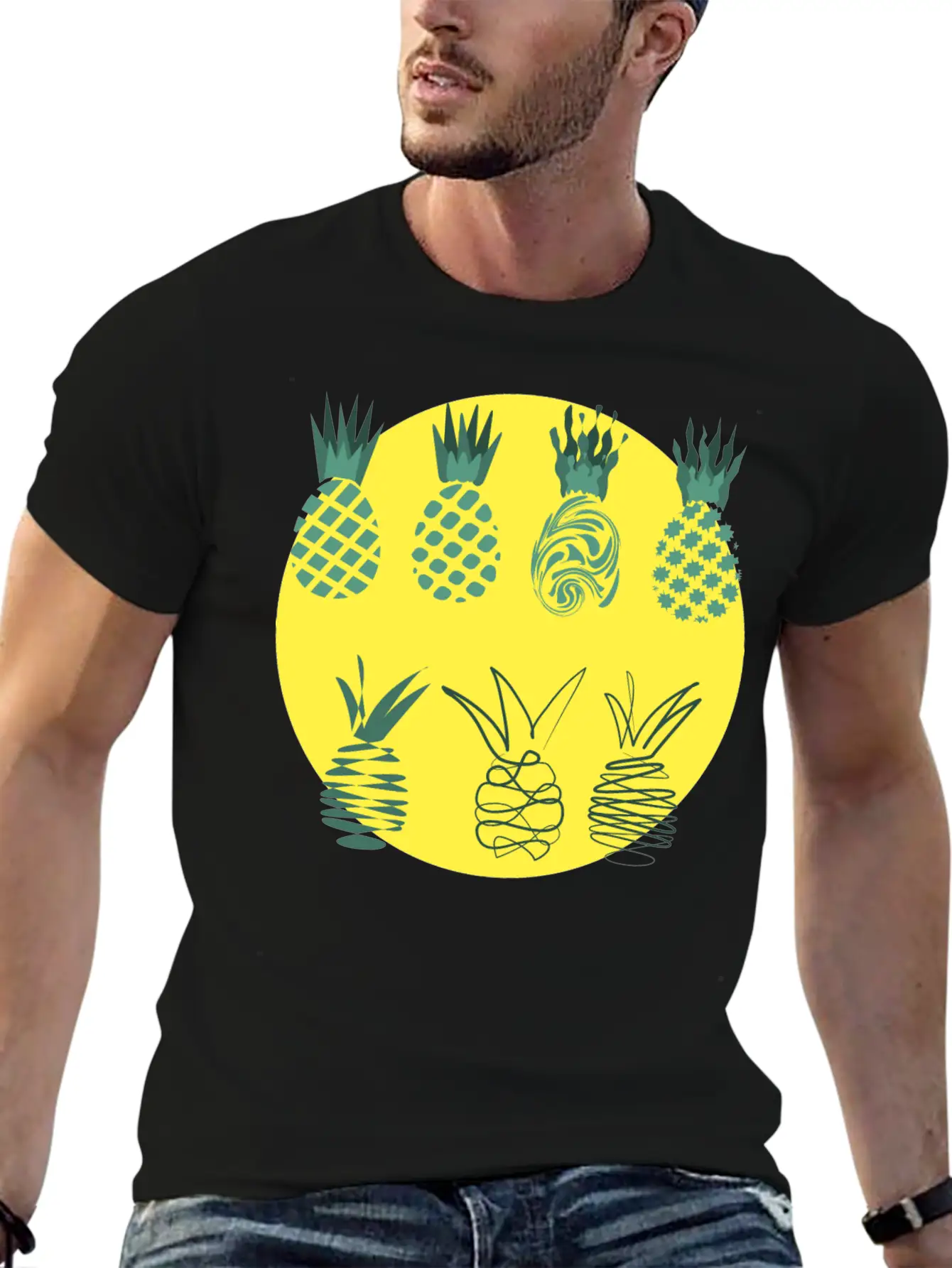 Golden Pineapples Drawing In Abstract Style Unisex Casual T-Shirt – Clean Design For Daily Comfort